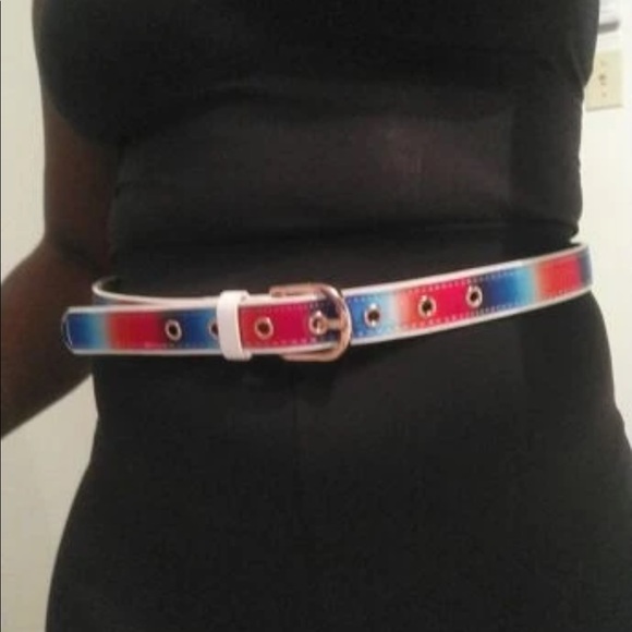 🌻 NEW Vegan Leather White & Rainbow Colorblock Buckle Belt - Picture 2 of 6